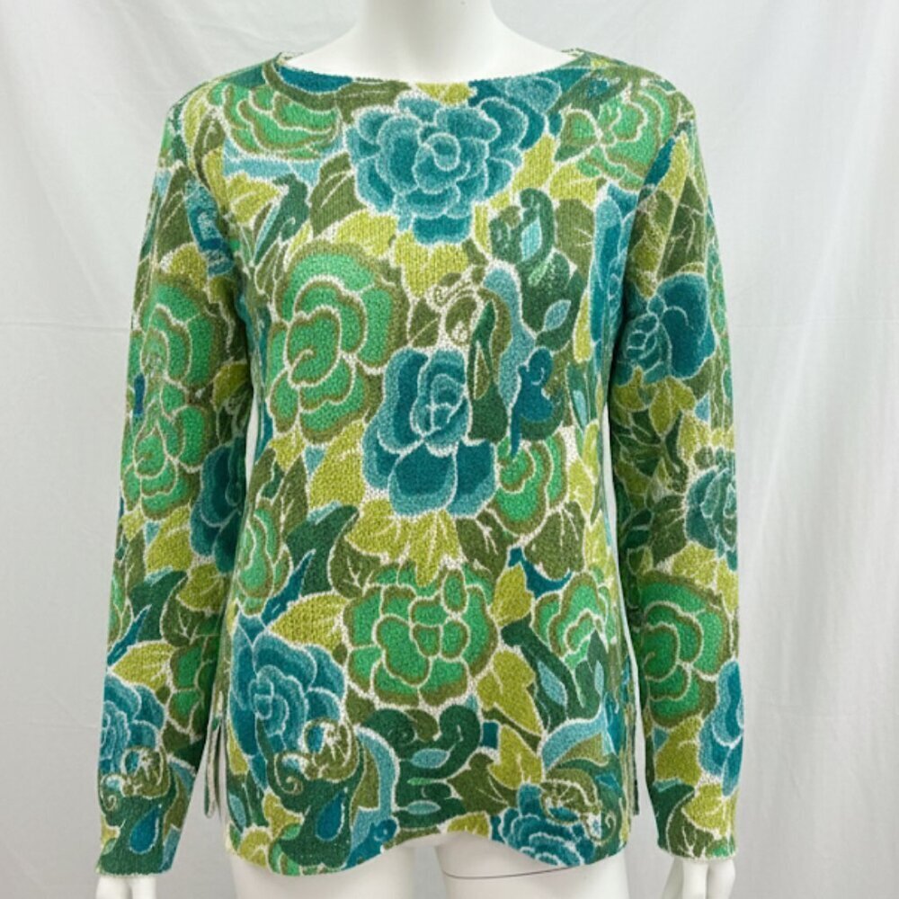 NWT Dana Buchman Women’s Green Teal Spring Floral Open Knit Sweater Size L - Picture 2 of 13